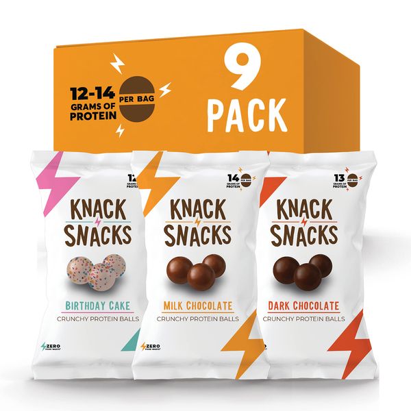 Knack Snacks | Crunchy Protein Balls - Variety Pack (9x 34 gram Bags) | High Protein Snack, Gluten Free Low Sugar, Protein Bar