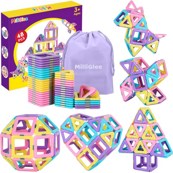 MilliGlee Magnetic Building Blocks - 48PCS Magnetic Blocks with Storage Bag Magnets for Kids Magnetic Toys Magnetic Tiles for Kids for 3 4 5 6 7 8-12 Year Old Girls Boys Toddler Toys