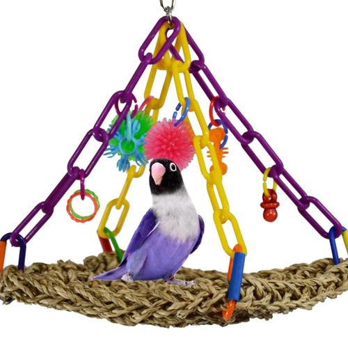 Super Bird Creations SB747 Mini Flying Trapeze Bird Toy for Parrotlets, Parakeets, Cockatiels, Lovebirds - Multi-Colored Chain, Seagrass Mat, Enrichment Toy - Small Bird Size, 6” x 7” x 9”