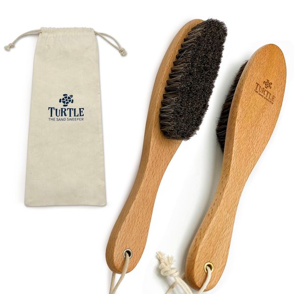 Beach Sand and Pool Feet Brush w/Soft Bristles | 2 Pc. Set | Use Also for Surfboards, Towels, Chairs, Pet Paws, & Outdoor Gear | Portable Travel Gear w/Cotton Bag | Sand Remover (Natural)