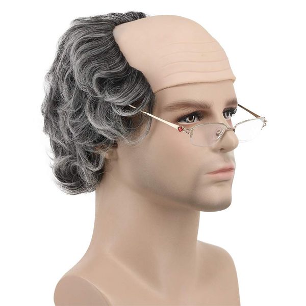 Karlery Short Curly Fits Old Man Bald Cap Gray Mad Scientist Halloween Cosplay Wig Anime Costume Party Wig