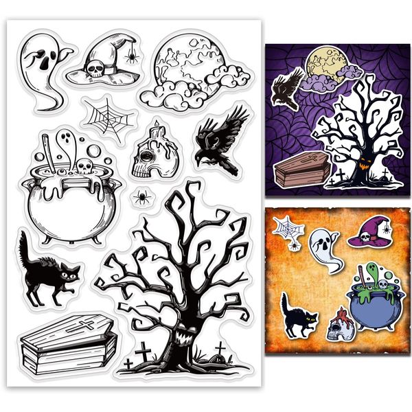 ORIGACH Halloween Verwelkter Baum Katze Kreatur Sarg Silikonstempel Silikondichtung Klarer Stempel für die Kartenherstellung, Dekoration und DIY Scrapbooking