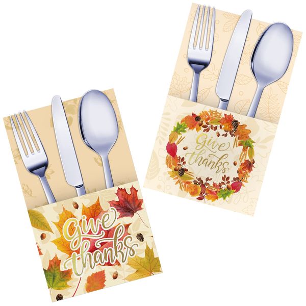 Thanksgiving Cutlery Holder Gold Foil with Give Thanks Maple Leaf design, Utensil Holder for Autumn Harvest Party Table Decorations, 24 pack, Mix 2 designs