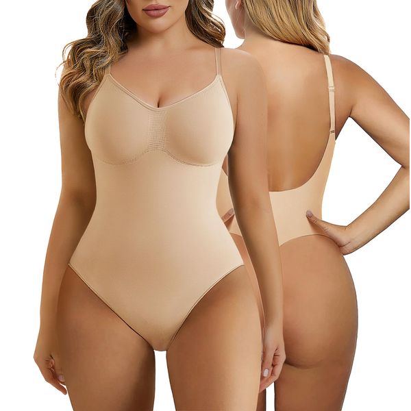 SHAPERX Bodysuit for Women Tummy Control Shapewear Seamless Body Shaper Low Back Thong Adjustable Strap, UK-SZ5266-Beige-L/XL