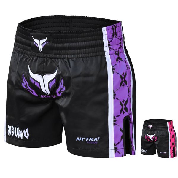 Mytra Fusion Muay Thai Short Damen Kickboxen Hose, Damen Muay Thai Hose - Kickboxen Shorts für Boxen, Schlagen, Grappling und Kampfsporttraining (Black/Purple, M)