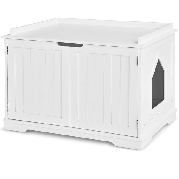 Costway Cat Litter Box Wooden Enclosure Pet House Washroom Storage Bench White