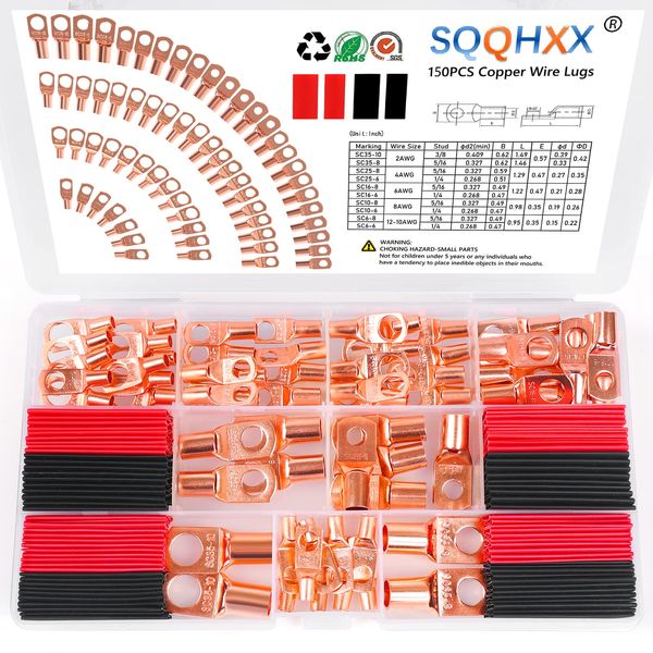 Copper Wire Lugs,Terminal Connectors,Used on AWG12-10 8 6 4 2 Cable,Heat Shrink Set,Bare Copper Eyelets,Ring Terminals Connectors (260PCS)