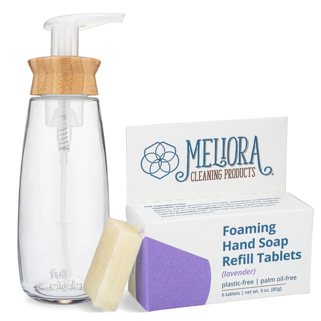 MightyNest Full Circle Refillable Glass Hand Soap Dispenser | 6 Count Meliora Cleaning Products Lavender Foaming Soap Refill Tablets Set | Eco-Friendly, Refillable Cleaning Bundle