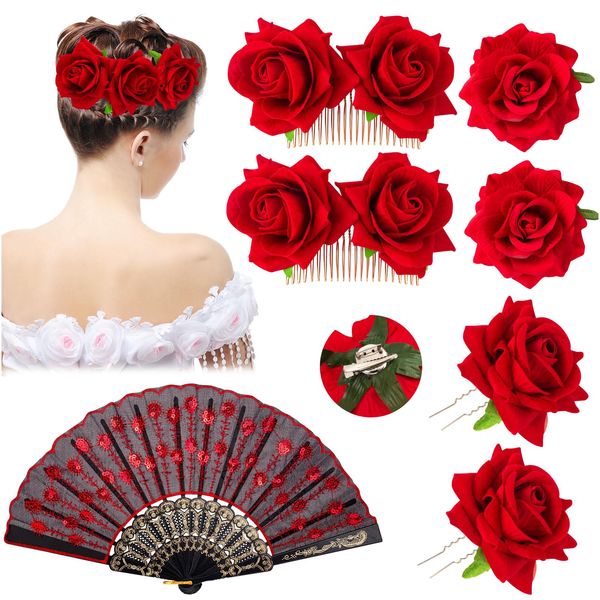 6 Pcs Women Rose Flower Hair Clip, 1Pcs Embroidered Sequins Fabric Folding Fan for Flamenco Dancer Costume Accessories Girl Halloween Cosplay Party Supplies