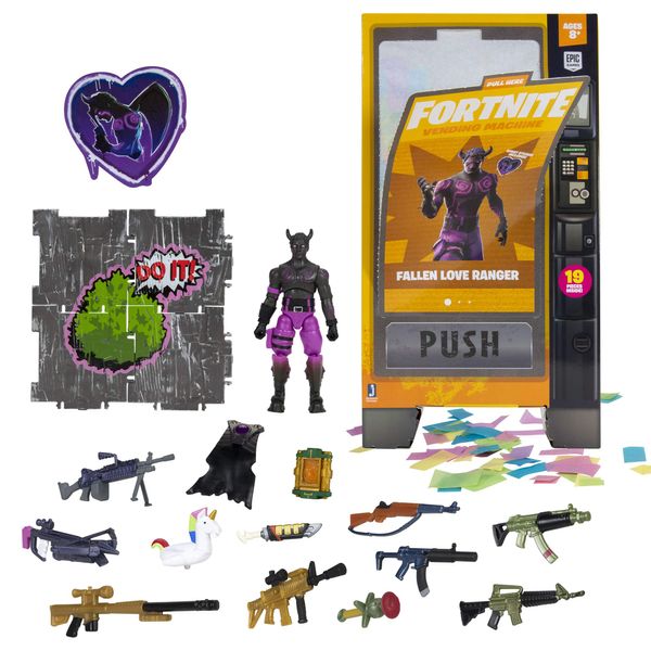 Fortnite Vending Machine - Features 4 Inch Fallen Love Ranger Collectible Action Figure, Includes 9 Weapons, 4 Back Bling, and 4 Building Material Pieces