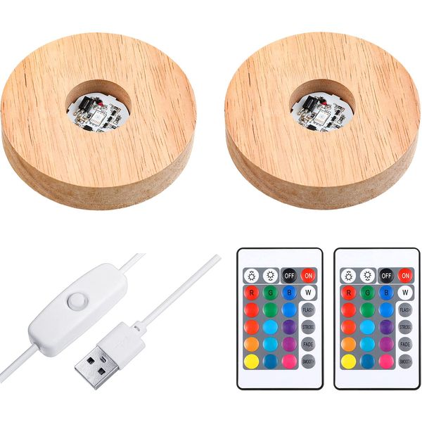 Mudder 2 Pieces LED Light Base Display Base Lighted Display Stand,16 Colored USB Light Table Light Base Wood Round Crystal Light Art Table Centerpiece with Remote Control (,)