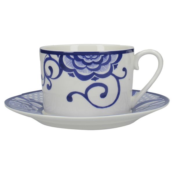 V&A 5237144 The Cole Collection 'Bold Floral' Fine China Vintage-Style Tea Cup and Saucer Set - White / Blue