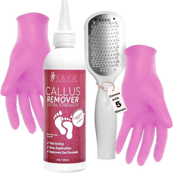 Yaya Callus Remover for Feet - Extra Strength - Vitamin E + Moisturizing Effect - Foot Scrubber File and 5 Pink Latex Gloves - Callus Remover Gel 8OZ - Foot Spa Kit