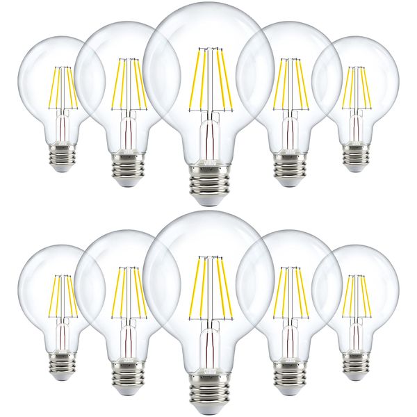 Sunco 10 Pack G25 Globe Light Bulbs LED Edison Vanity Light Bulbs, CRI90 3000K Warm White, Dimmable, 5W=60W, Clear Vintage Filament Globe, 500 Lumens, E26 Base Indoor Outdoor Clear UL