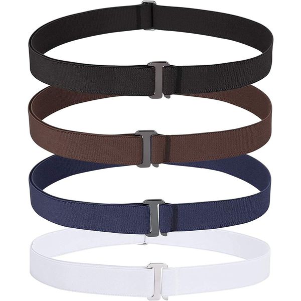 SANSTHS No Show Women Belts Invisible Elastic Stretch Belt with Flat Buckle for Jeans Pants Dresses 4 pack,Black+Coffee+Blue+White S