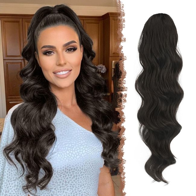 FESHFEN Pferdeschwanz Haarteil Haarverlängerung mit Kordelzug Pferdeschwanz Verlängerung Synthetik Wellig Locken Haarteil Natürliches Schwarz Ponytail Extension für Frauen 60cm