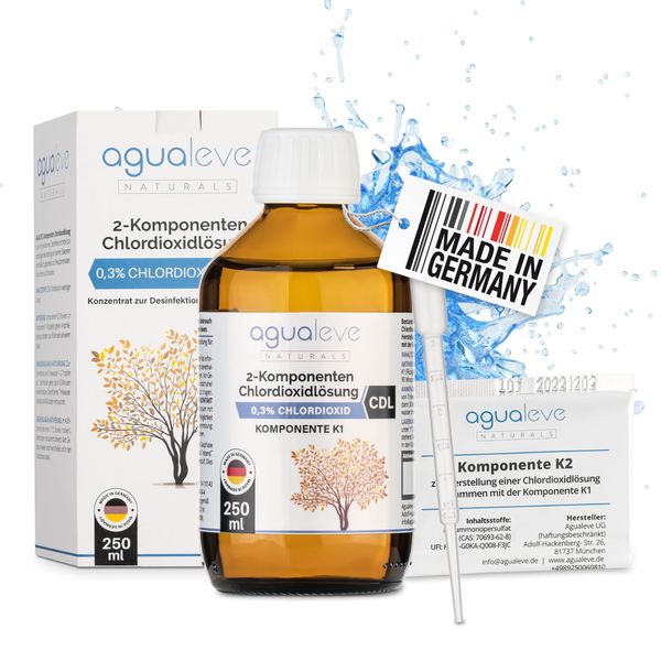 AGUALEVE® Chlordioxid-Lösung (CDL, CDs) 0,3% 250ml | Markenqualität Made in Germany, BAuA Zertifiziert | 2-Komponenten Lösung, einfache Aktivierung für 100% Frische | gratis HDPE-Pipette