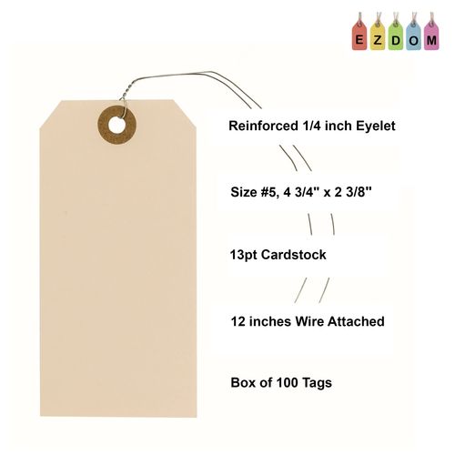 Label Tags with Wire Attached - 4 3/4" x 2 3/8" Box of 100 Blank Tags with Reinforced Hole and Metal Wire Ties, Labels with Wire