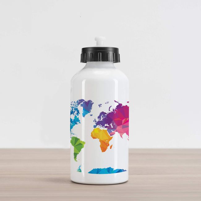 Ambesonne Map Aluminum Water Bottle, Low Poly Style Illustration of World Map Mosaic with Graded Rainbow Colors, Insulated Spill-Proof Travel Sports Water Bottle, 16.9 OZ, Magenta Blue