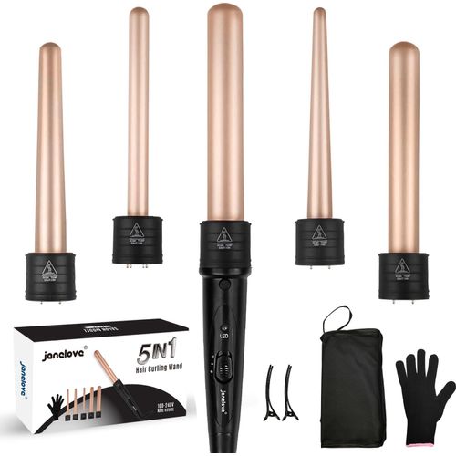 janelove Hair Curler, Curling Wand for Long Hair, Curling Wand Set with 5 Ceramic Barrels,from 9/18/25/32 mm, 150℃-210℃ Temperature Control,with Heat Resistant Glove