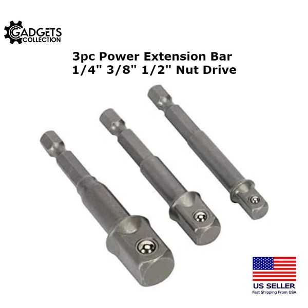 3pc Power Extension Bar Hex Shank Socket Adapter Drill Bit Set 1/4" 3/8" 1/2" 