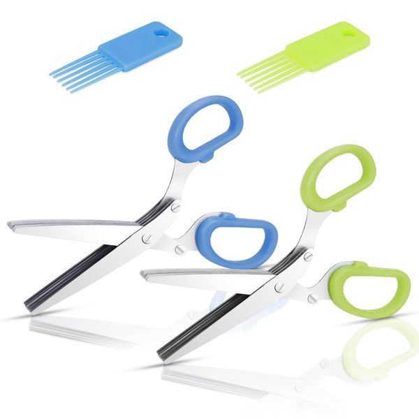 2PCS Stainless Steel Herb Scissors with 5 Blades, Multipurpose Kitchen Cutting Shearring Mincer Tool with Cleaning Comb, Ideal Garden Gadgets for Shredding Vegetables, Paper, Basil, Parsley, Cilantro