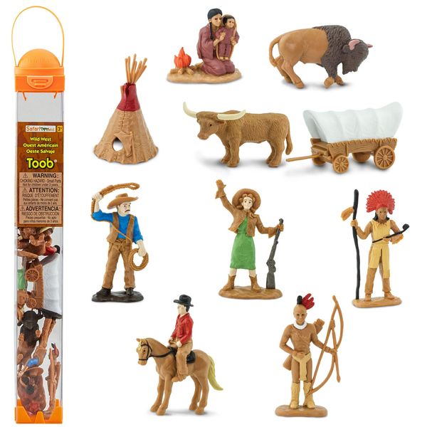 Safari Ltd. Wild West TOOB - 10 Figurines: Native Teepee, Bull, Wagon, Buffalo, Chief, Cowboy, Riding Cowboy, Saddled Horse - Educational Toy Figures For Boys, Girls & Kids Ages 3+