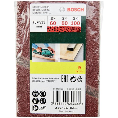 Bosch 9 pcs. Mixed Sanding Belt Set (for Wood, Grit 60/80/100, 75 x 533 mm, Accessories for Belt Sanders), Silver