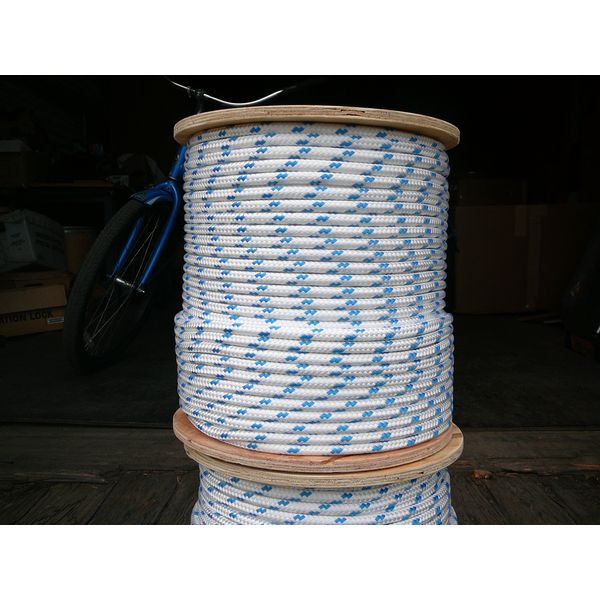 Sailboat Rigging Rope 3/8" x 100' White/Blue Double Braided Polyester Dacron Sheet Halyard Line