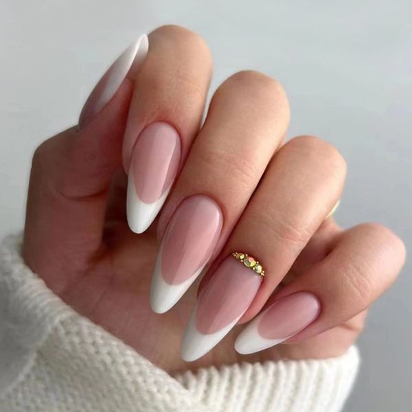 JUSTOTRY 24 Pcs Stiletto False Nails Medium with Jewels,Beige French Press on Nails Pattern,Fake Nails Short with Nail Glue,Almond Stick on Nails for Women,Nails Fake Nail for Nails Art