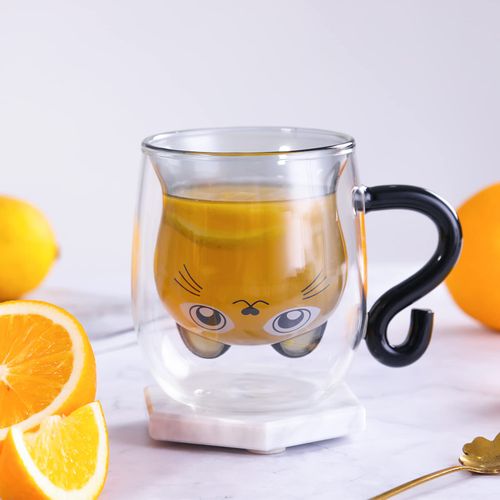 SHENDONG Cute Cat Mugs with Handle Cute Cups Cat Tea Coffee Cup 8.5oz Milk Cup Double Wall Insulated Glass Gift for Personal Birthday Valentine's Day and Christmas (Black Cat)