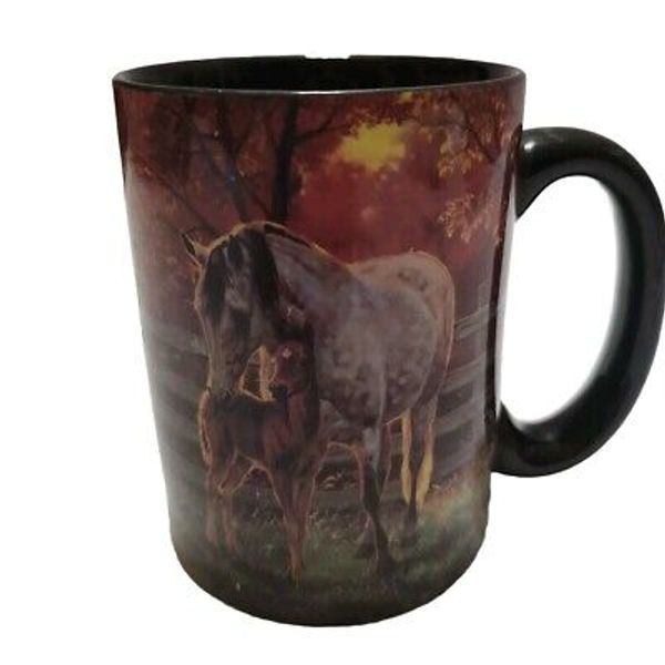 HORSES Bonding Ceramic Coffee Cup Mug Art Deco, Fall Scene, Carsons Home Accents