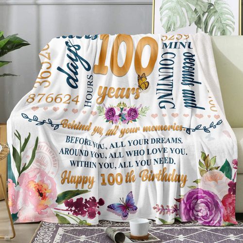 Hcoviv 100th Birthday Gifts Women Blanket 50*60, Happy 100th Birthday Gift Ideas, 100th Birthday Decorations, Gifts for Women Turning 100, Gifts for 100-Year-Old, Best Bday Present 1925 Throw Blanket