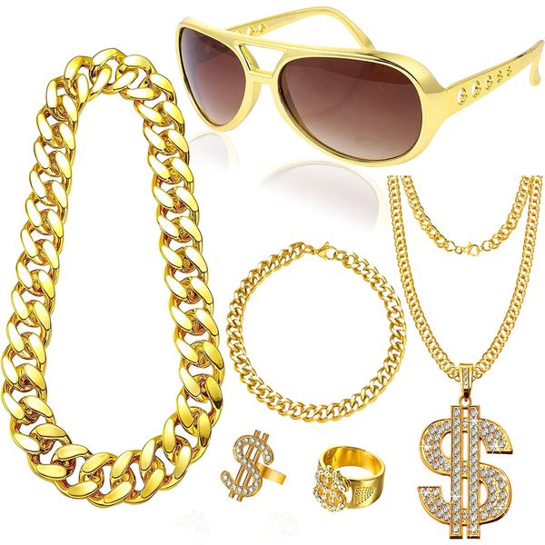 6Pcs Hip Hop Costume Set, Rapper Hippie Accessories with Golden Chain Necklace Disco Dollar Sign Rings Retro Sunglasses Bracelet Fancy Dress for Women Men 80s 90s Carnival Party Supplies