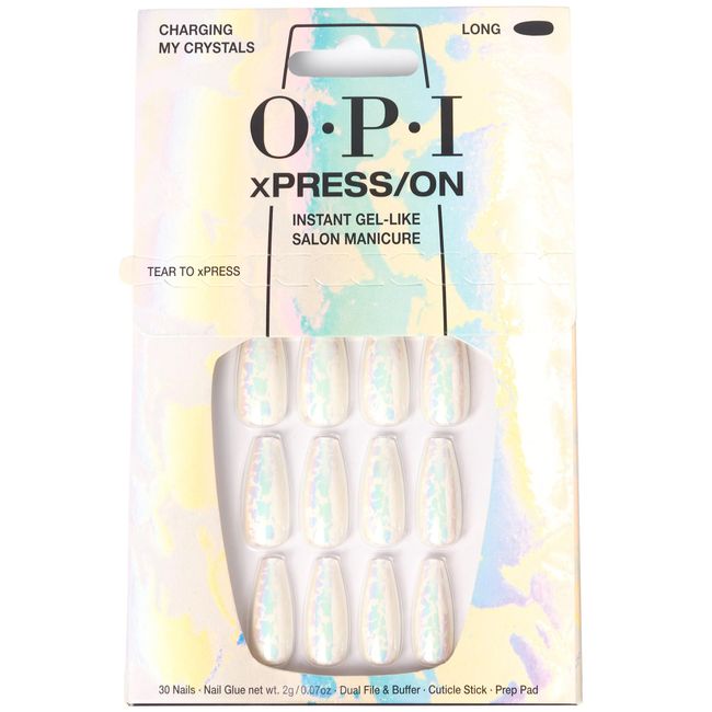 OPI xPress/ON Press On Nails, Up to 14 Days of Gel-Like Salon Manicure, Vegan, Sustainable Packaging, With Nail Glue, Long Silver With Silver Iridescent Flake Coffin Shape Nails, Charging My Crystals