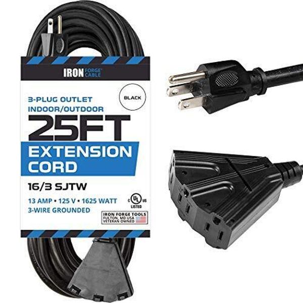 25 Ft Outdoor Extension Cord with 3 Electrical Power Outlets Durable Black Cable