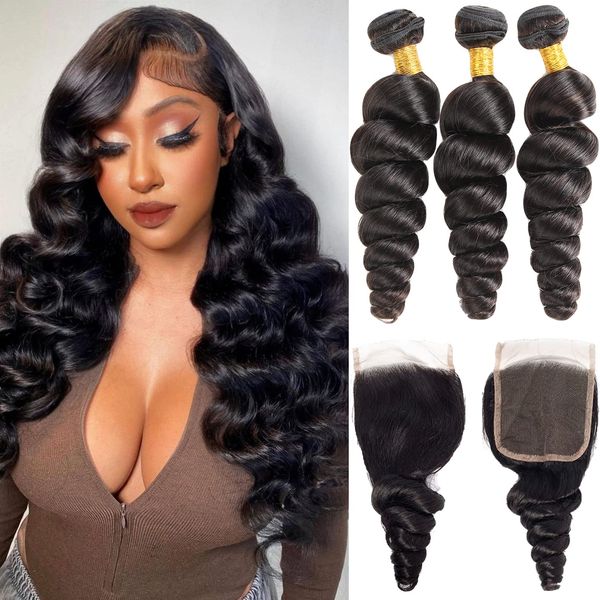 Loose Wave Bundles with Closure (16 18 20 +14) Wet and Wavy Brazilian Virgin Ocean wave Human Hair 3 Bundles with 4x4 Lace Closure with Baby Hair Free Part Loose Deep Wave Human Hair Extensions