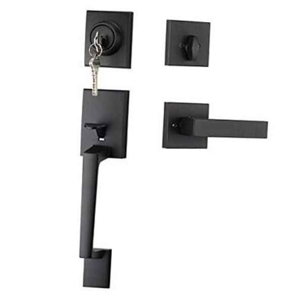 Black Front Door Handle and Square Door Handle with Deadbolt Matte Black