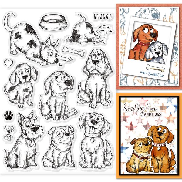 GLOBLELAND Dog Background Clear Stamps for Card Making Decorative Cartoon Dog Schnauzer Dog Bowl Transparent Silicone Stamps for DIY Scrapbooking Supplies Embossing Paper Card Album Decoration Craft