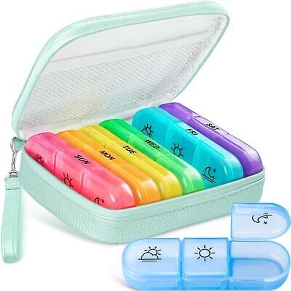 3 Times A Day Pill Organizer 7 Day Pill Case with Leather Bag for Vitamins