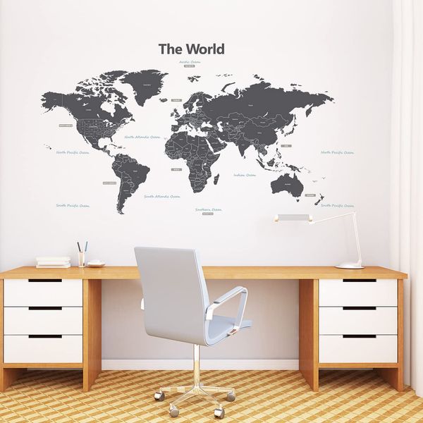 DECOWALL DL3-1609G Extra Large Modern Grey World Map Wall Sticker (64x35 inches) Decor Kindergarten Nursery Kids Room DIY Wall Decal Wall Art Sticker Boy Girl 13th Kids Bathroom Decoration Vinyl for