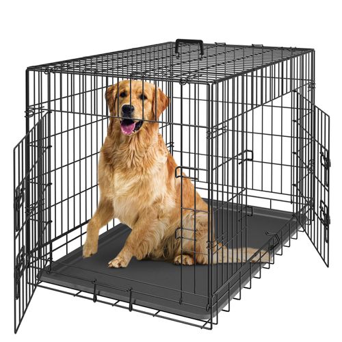 42" Dog Crate Kennel Folding Metal Pet Cage With Tray Pan 2 Door Black