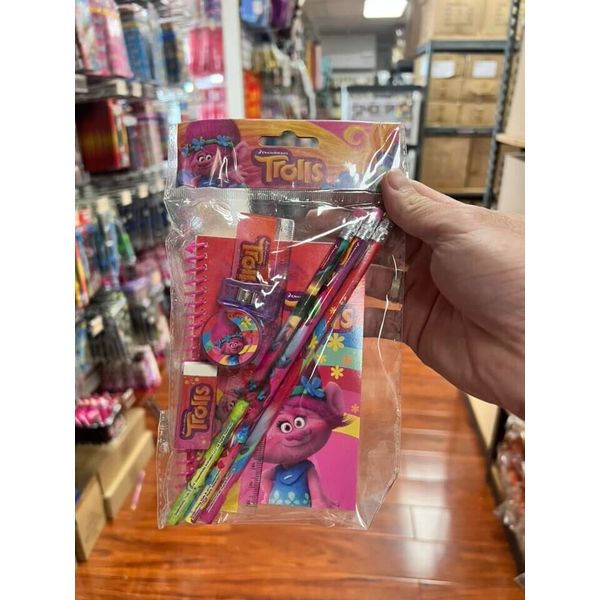 TROLLS Stationary Set Pencils Eraser Sharpener small notes pad PINK