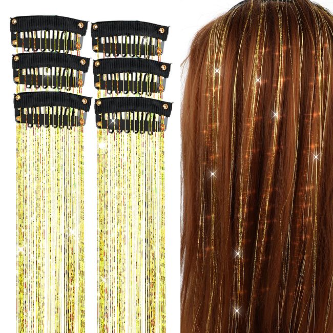 Ouligay 6Pcs Clip in Hair Tinsel Kit Hair Glitter Extension Fairy Tinsel Hair Extension for Women Girls