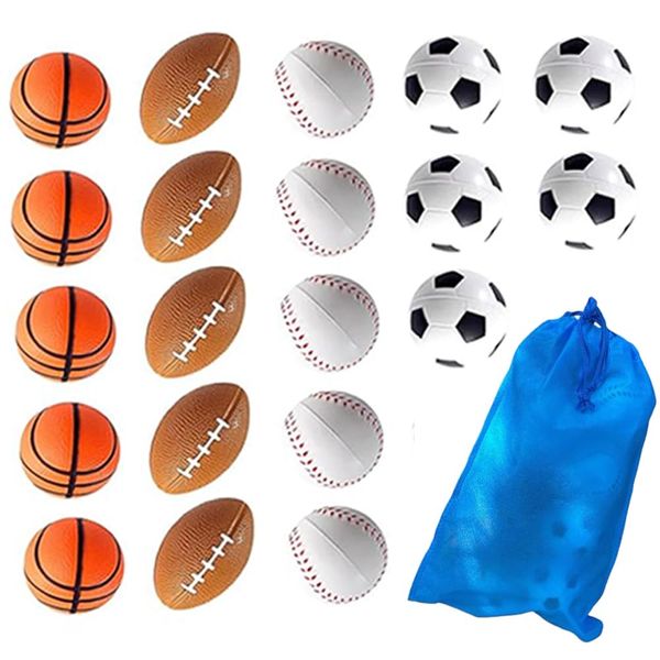 Mini Sports Balls 20 Pack - Foam Sports Stress Balls for Kids, Adults - Incl. Mini Footballs, Mini Basketballs, Mini Soccer Balls, Mini Baseballs and Tote Bag -Sports Themed Party Favors & Decorations