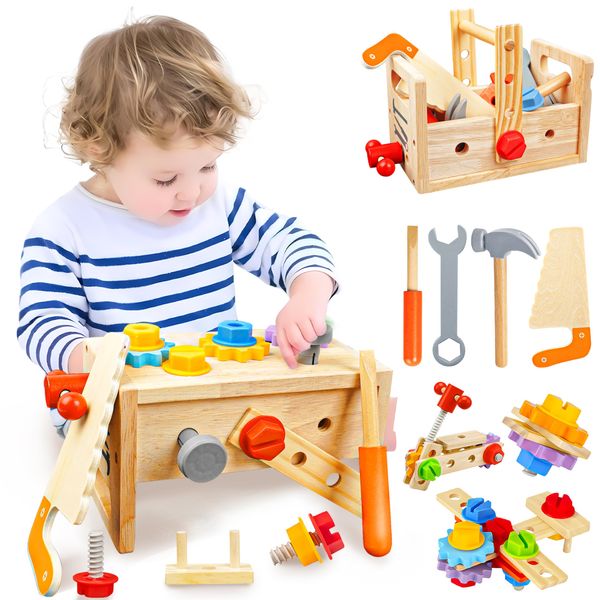 SMILESSKIDDO Kids Tool Set - 29 Piece Wooden Toddler Tool with Box, Montessori STEM Learning Construction Toys, Preschool Learning Activities Gifts for Boys Girls