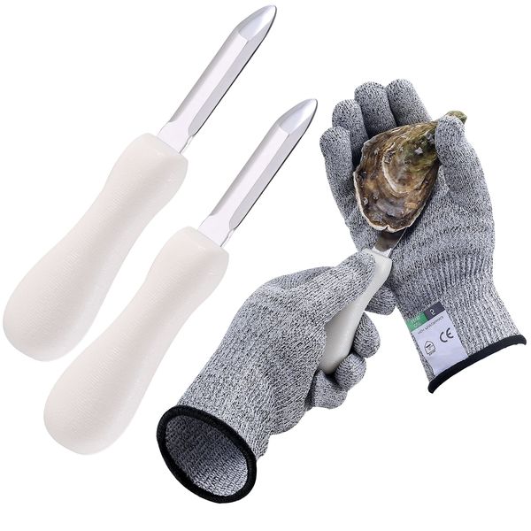 Oyster Shucking Knives and Gloves Set, 2 pcs Oyster Shucker Opener Knife with 1 Pair of Cut Resistant Level 5 Protection Gloves(XL Size), Clam Seafood Tools Kit Set with White Antiskid Rubber Handle