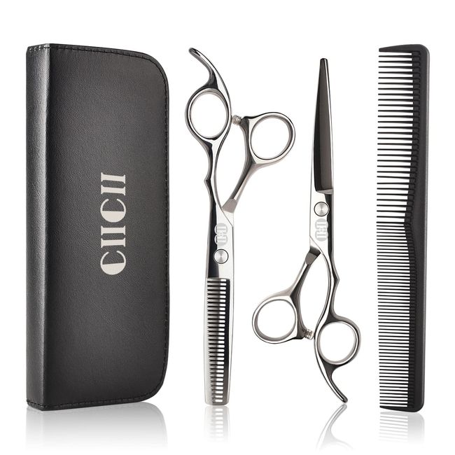 Hair Cutting Scissors Shears Set, CIICII Professional Hairdressing Scissors Kit (Hair Beard Trimming Shaping Grooming Thinning Shears) for Men Women Pets Home Salon Barber Cutting Kit (Silver)