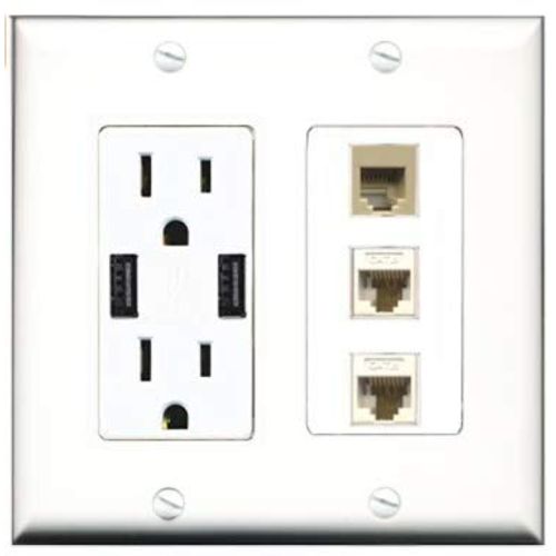 RiteAV USB Charger Outlet 15A/125V with Dual 3.6A USB Charging Ports and 1 Port Phone Beige 2 Port Cat6 Ethernet Decorative White Wall Plate
