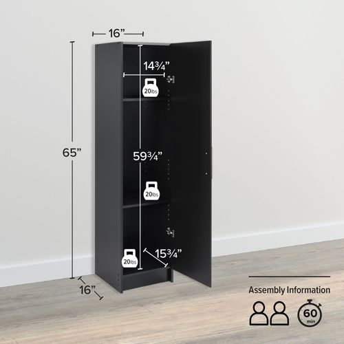 Prepac Elite 16" Storage Cabinet, Black Storage Cabinet, Bathroom Cabinet, Pantry Cabinet with 2 Adjustable Shelves, 16" D x 16" W x 65" H, BEB-1664